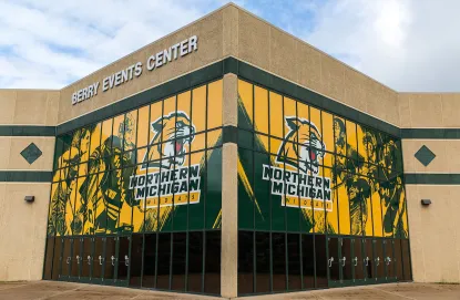 Berry Events Center with athletic graphics on the windows