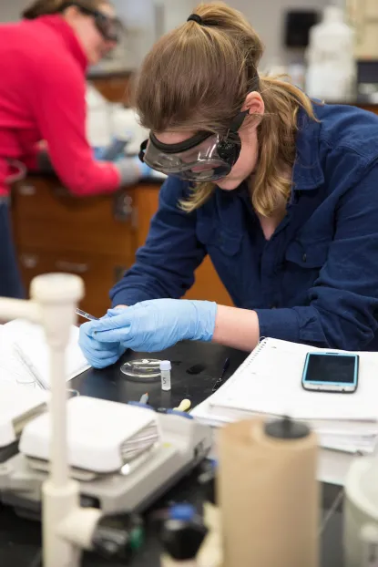 Student performing chemistry lab work.